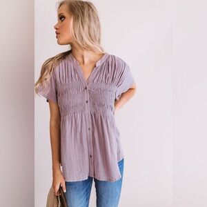 Knox Rose Lavender Smocked Button-Front Blouse